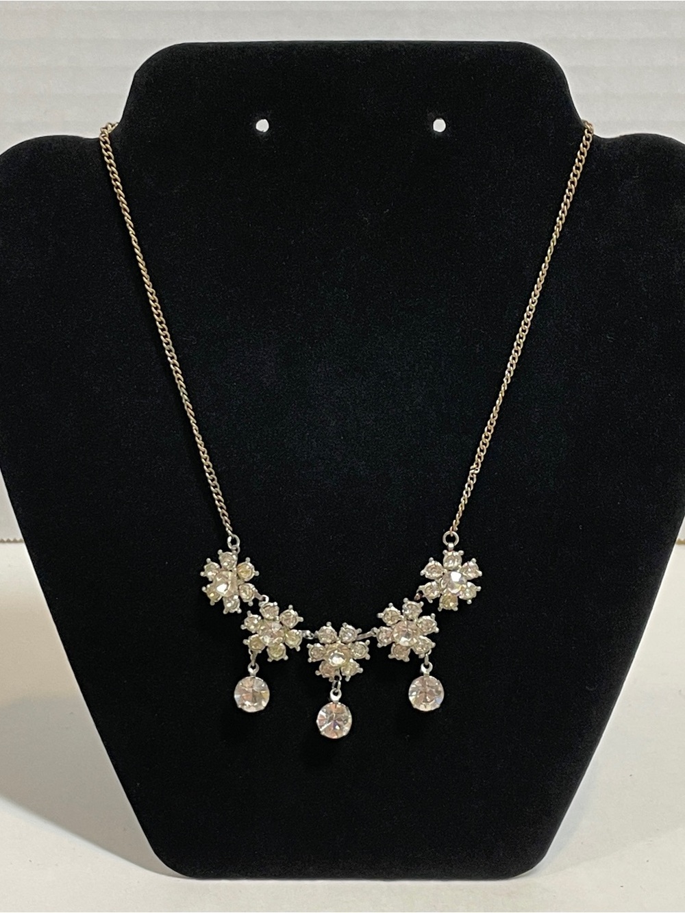 Vintage 1950S Rhinestone Drop Snowflake Necklace, Estate Sale, 16”